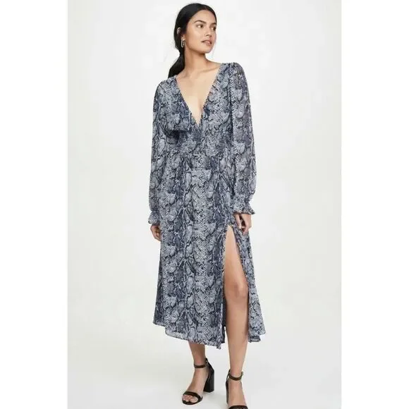 Reformation Aries Midi Dress Blue Snakeskin Smocked Plunge Long Sleeve Small - Picture 2 of 8